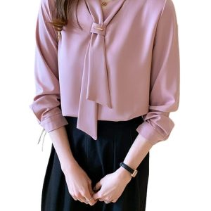 PINKHUB Women's Tie Neck V-Neck Chiffon Long Sleeve Blouse | Elegant Korean Style Relaxed Fit Shirt Top | Lightweight Business Casual Office Wear | Straight Cut | Soft & Comfortable Fabric