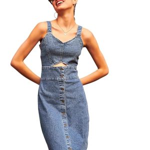 SASSAFRAS Women's Denim Strappy Dress Knee-Length